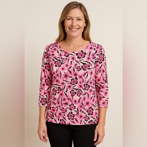 Blair Pink Floral Button Shoulder Top Size Large | Hawaiian Print | 3/4 Sleeve